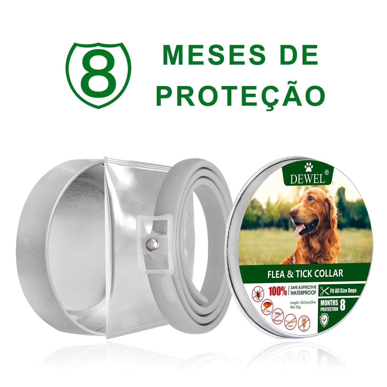 Coleira Antiparasitária Dewel - 8 meses de proteção p/ cães e gatos - Caixa Favorita